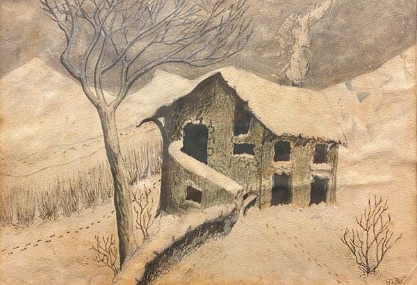 Anonimo, XX sec. - Snowy landscape with cottage