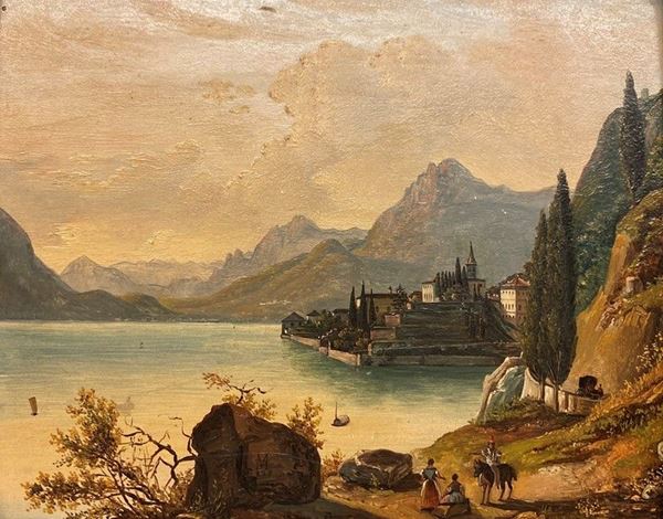 Anonimo, XIX sec. - Paesaggio lacustre con case e figure