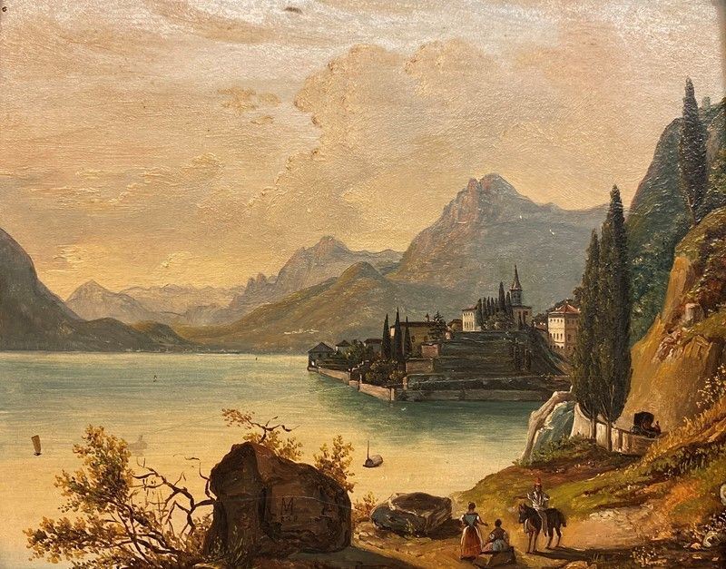 Anonimo, XIX Sec. - Paesaggio Lacustre con Case e Figure