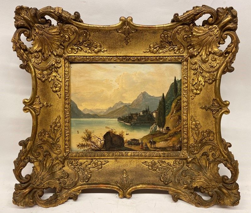 Anonimo, XIX Sec. - Paesaggio Lacustre con Case e Figure