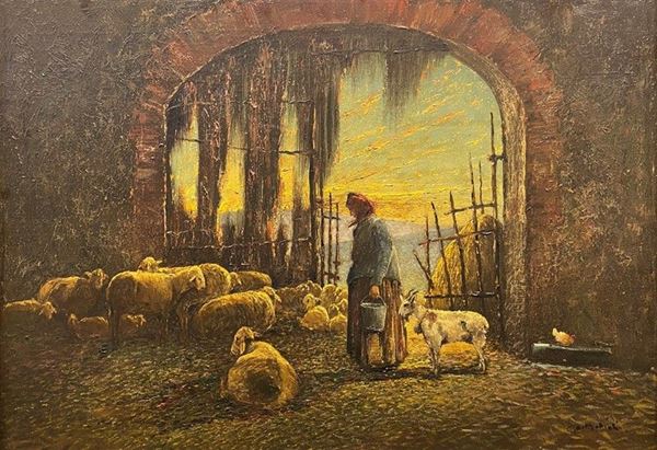 Armenio Mattioli - Interno di stalla con contadina e pecore