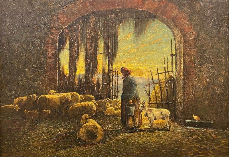 Armenio Mattioli - Interno di Stalla con Contadina e Pecore
