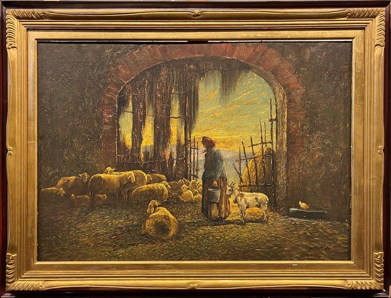 Armenio Mattioli - Interno di Stalla con Contadina e Pecore