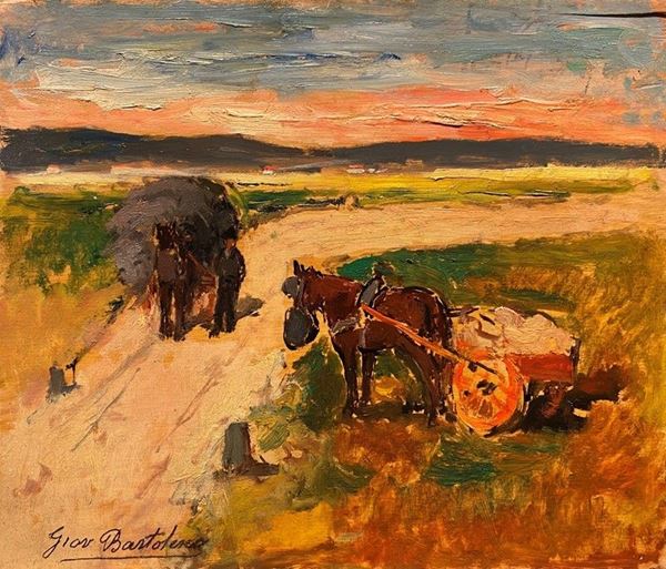 Giovanni Bartolena - Campagna con barrocci, cavallo e figure