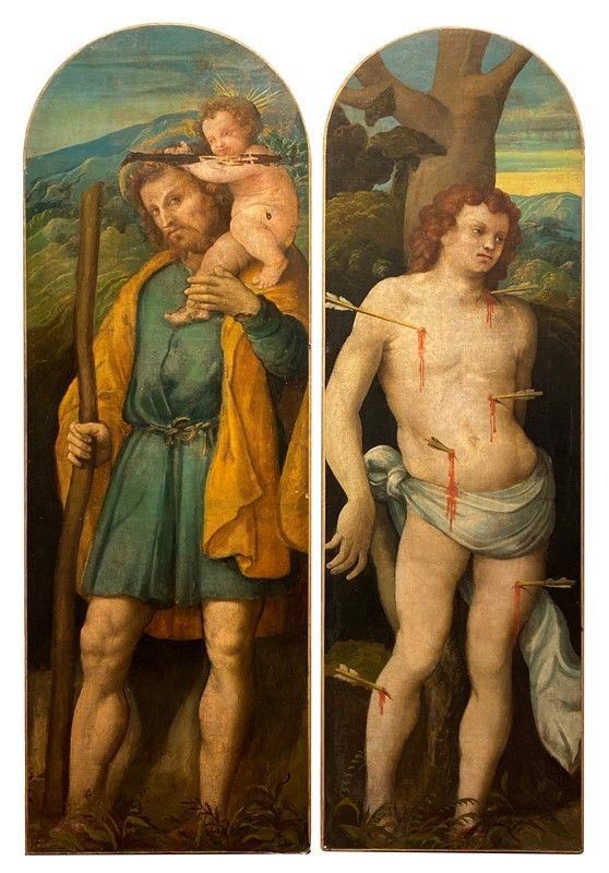 Scuola Veneta, fine XVI sec. - San Cristoforo e San Sebastiano