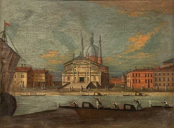 Scuola Veneta, XVIII - XIX sec. - Veduta di Venezia con la chiesa del Redentore