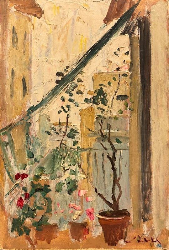 Giulio Salti - Balcone con Vasi di Fiori