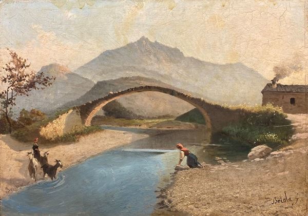 Anonimo, XIX sec. - Paesaggio con ponte e pastorelle