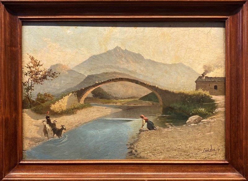 Anonimo, XIX Sec. - Paesaggio con Ponte e Pastorelle
