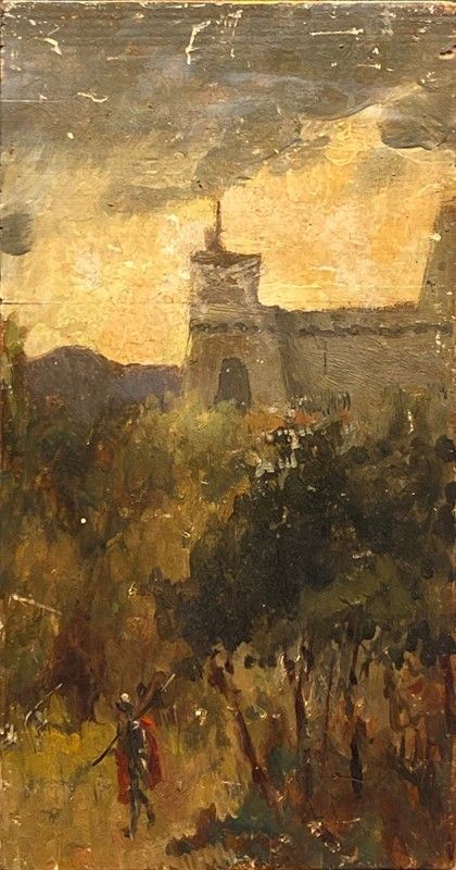 Anonimo, XIX - XX sec. - Paesaggio con castello e figure