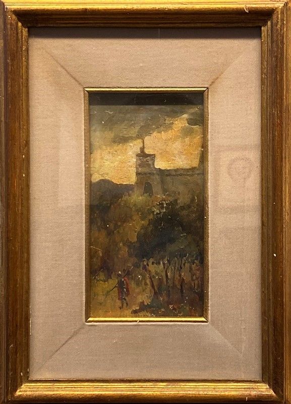 Anonimo, XIX - XX Sec. - Paesaggio con Castello e Figure