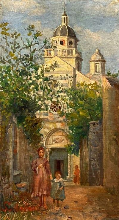Scorcio di Paese con Chiesa e Figure