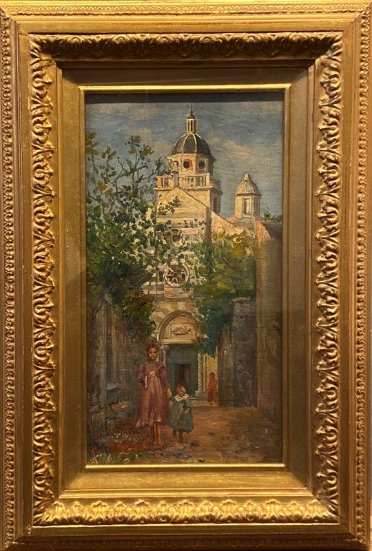 Sante Malmesi - Scorcio di Paese con Chiesa e Figure