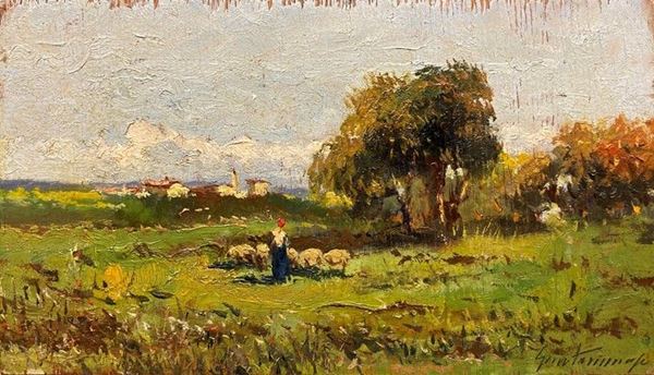 Gino Tommasi - Campagna con contadina e gregge