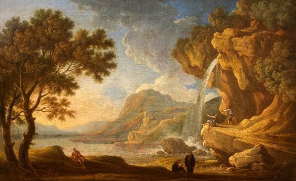 Scuola Romana, XVIII sec. - Paesaggio con cascata e figure