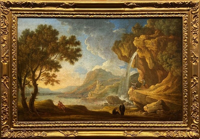 Scuola Romana, XVIII Sec. - Paesaggio con Cascata e Figure