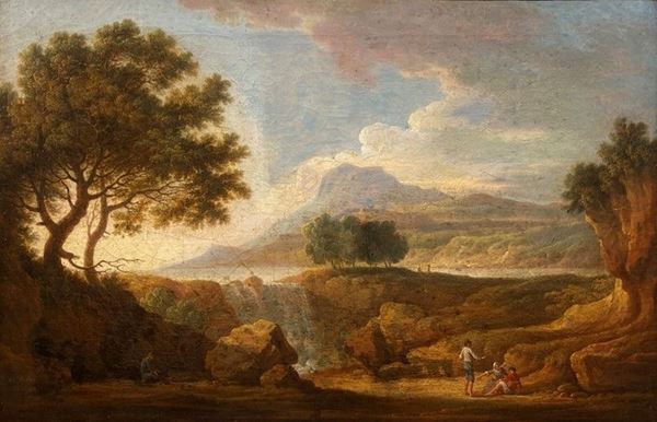 Scuola Romana, XVIII sec. - Paesaggio con cascate e figure