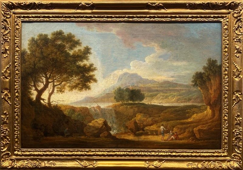 Scuola Romana, XVIII Sec. - Paesaggio con Cascate e Figure