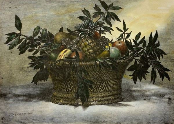 Nino Tirinnanzi : Cestino con frutta  - Serigrafia acquerellata a mano - Asta GRAFICA, MULTIPLI ED EDIZIONI - Galleria Pananti Casa d'Aste