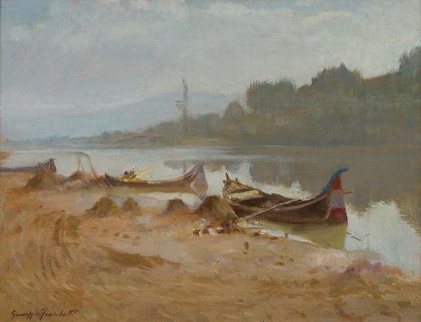 Giuseppe Fraschetti - Paesaggio fluviale con barche 