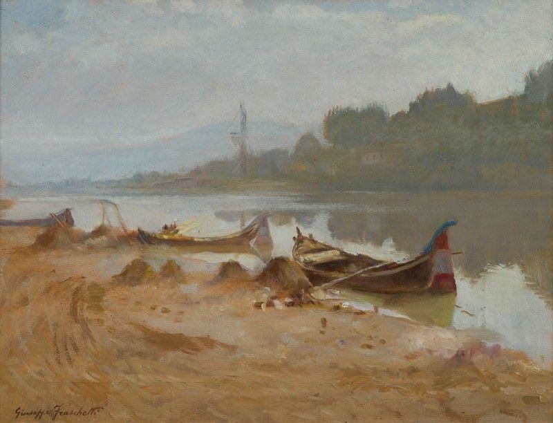 Giuseppe Fraschetti - Paesaggio Fluviale con Barche