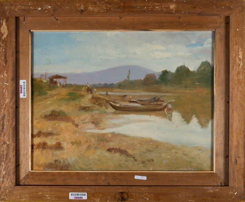 Giuseppe Fraschetti - Paesaggio Fluviale con Barche