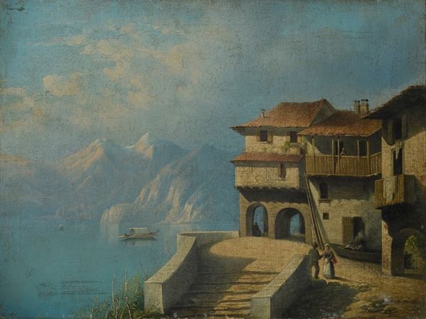 Giuseppe Canella - Paesaggio sul lago con case e figure