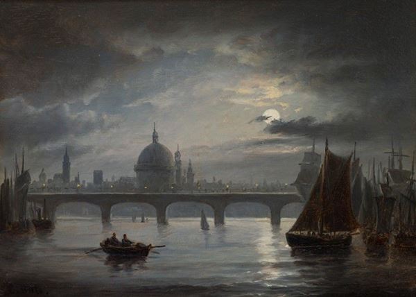 Carl Bille - Veduta al chiaro di luna della Basilica di San Paolo dal Tamigi