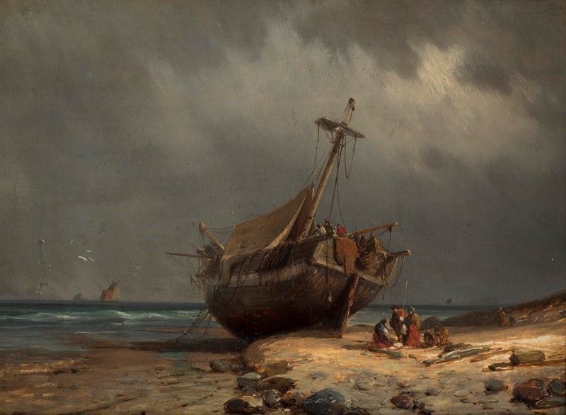 Antoine Herault - Barcone sulla Spaiggia con Figure