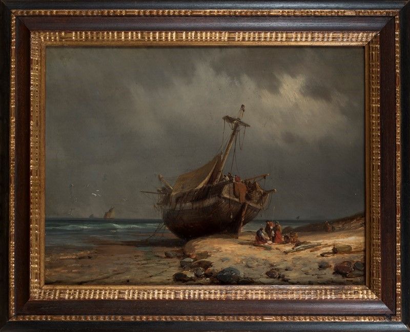 Antoine Herault - Barcone sulla Spaiggia con Figure