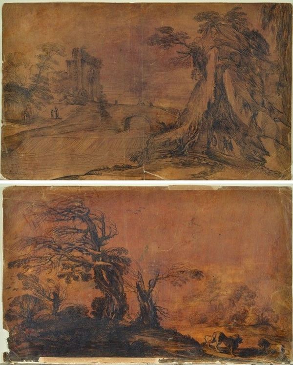 Anonimo, XVIII sec. - Pair of landscapes with animals and figures