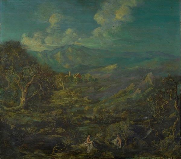 Scuola Francese, XIX sec. - Paesaggio con figure  