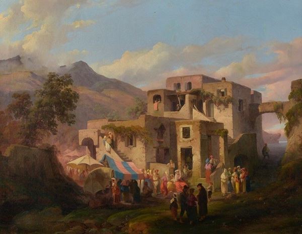 Giacinto Gigante - Veduta di villaggio con figure