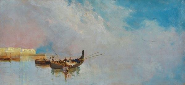 Edoardo Dalbono - Marina con barche di pescatori