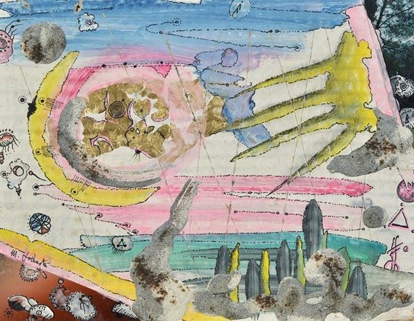 Massimo Podest&#224; : Amore cosmico  - Tecnica mista su cartoncino - Asta Autori del XX sec, Arte Moderna e Contemporanea - Galleria Pananti Casa d'Aste