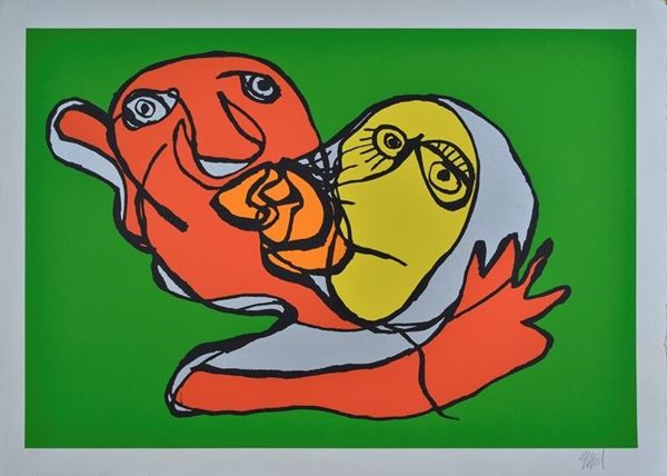 Karel Appel : Putting green kiss  (1978)  - Serigrafia a colori - Asta GRAFICA, MULTIPLI ED EDIZIONI - Galleria Pananti Casa d'Aste