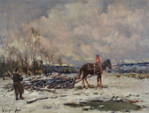 Ivan Karpoff - Paesaggio innevato con cavallo e figura