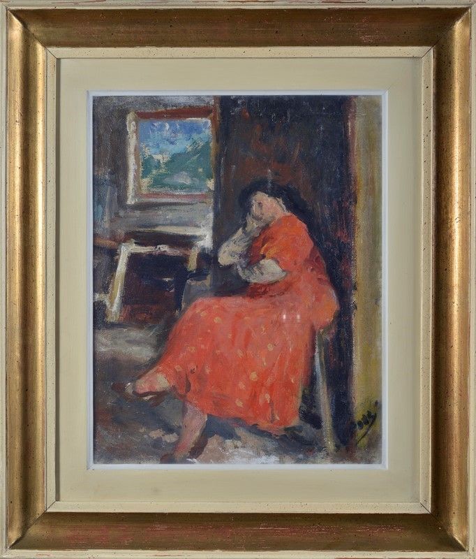 Ennio Pozzi - Donna Seduta in Abito Rosso