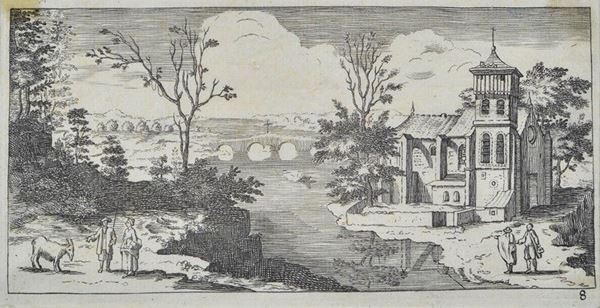 John Sanders - Paesaggio con ponte e figure  - Auction Stampe e disegni, antichi e moderni - Galleria Pananti Casa d'Aste