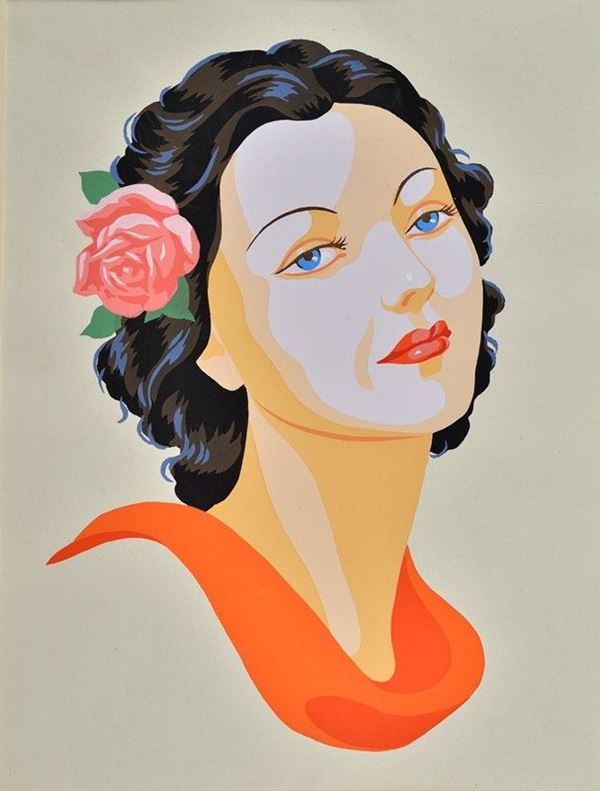 Giovanni Meschini : Ritratto di donna con rosa   (Anni '40)  - Pochoir - Asta Stampe e disegni, antichi e moderni - Galleria Pananti Casa d'Aste