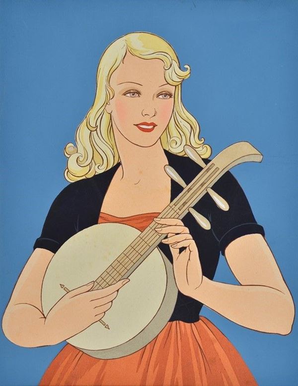Giovanni Meschini : Suonatrici di ukulele  (Anni '30)  - Pochoir - Asta Stampe e disegni, antichi e moderni - Galleria Pananti Casa d'Aste