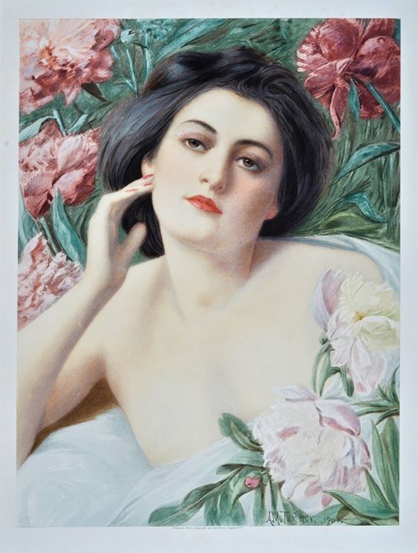 Alfred M. Turner : Ritratto di donna con fiori  (1902)  - Litografia - Asta Stampe e disegni, antichi e moderni - Galleria Pananti Casa d'Aste