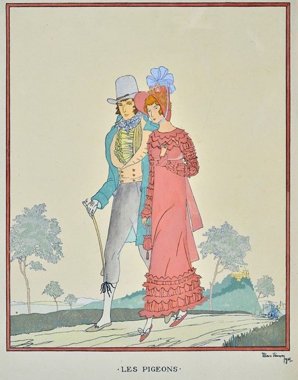 Max Nimoy : Les pigeons  (1925)  - Pochoir a colori - Asta Stampe e disegni, antichi e moderni - Galleria Pananti Casa d'Aste