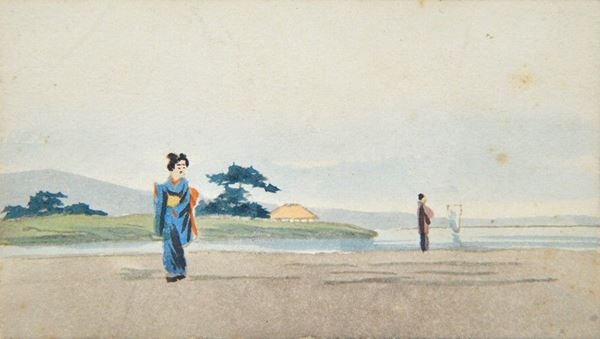 Giappone, XIX-XX sec. : Paesaggio con figure  - Tempera su cartoncino - Asta Stampe e disegni, antichi e moderni - Galleria Pananti Casa d'Aste