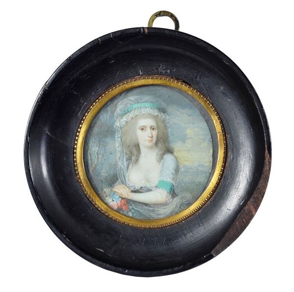 Scuola Francese, fine XVIII sec. - Ritratto di donna con fiori
