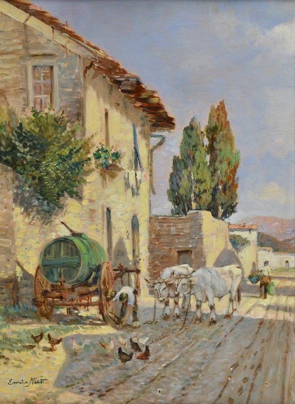 Enrico Nuti - Cascina con Buoi e Galline