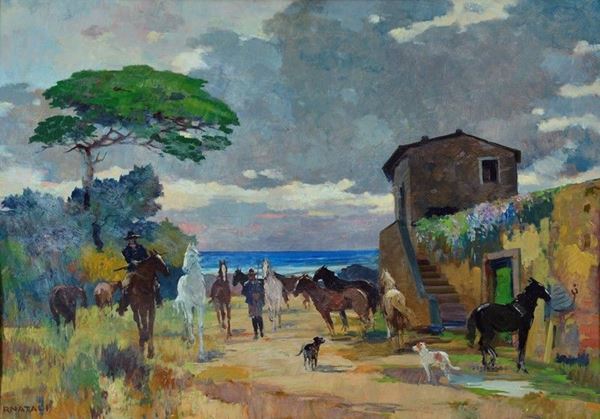 Renato Natali - Farmhouse with cowboys and horses