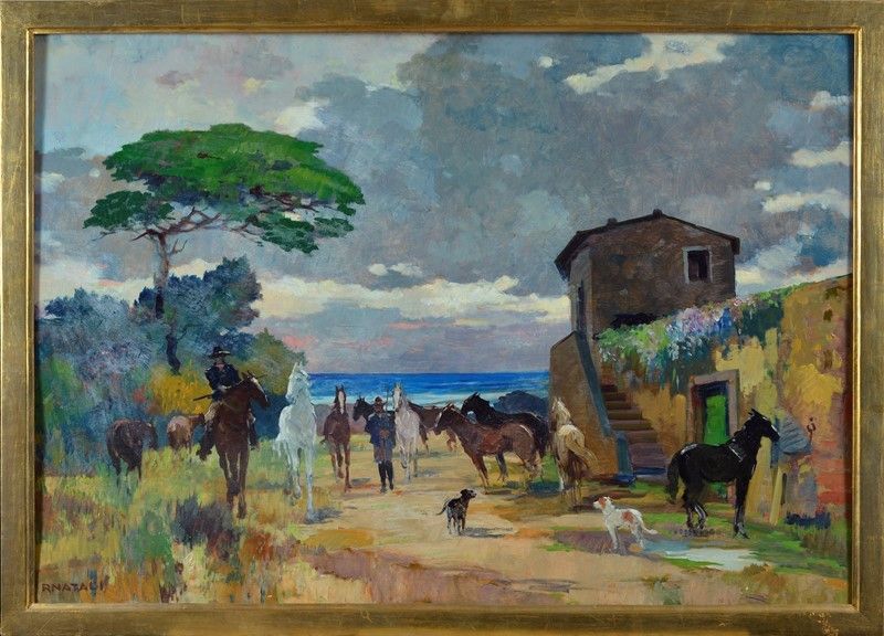 Renato Natali - Cascina con Butteri e Cavalli