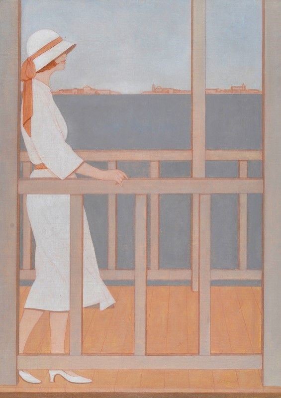 Aldo Andreolo - Donna al balcone con sfondo di Venezia