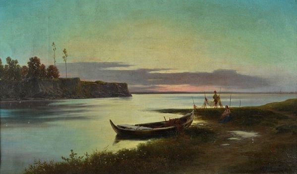 Achille Vertunni - Lago al tramonto con pescatori